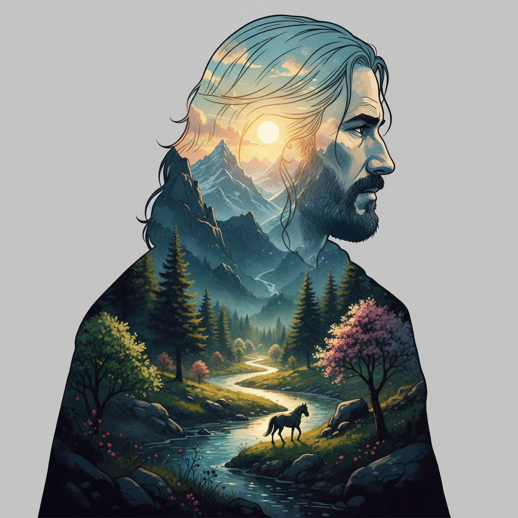 Double exposure, Midjourney style, merging, blending, overlay double exposure image, Double Exposure style, An exceptional masterpiece by Yukisakura revealing a fantastic double exposure composition of Aragorn son of Arathorn's silhouette harmoniously intertwined with the visually striking, rugged landscapes of Middle Earth during a lively spring season. Sun-bathed pine forests, mountain peaks, and a lone horse cutting through the trail echo outward through the fabric of his figure, adding layers of narrative and solitude. Beautiful tension builds as the stark monochrome background maintains razor-sharp contrast, drawing all focus to the richly layered double exposure. Characterized by its vibrant full-color scheme within Aragorn's silhouette and crisp, deliberate lines that trace every contour with emotional precision. (Detailed:1.45). (Detailed background:1.4).