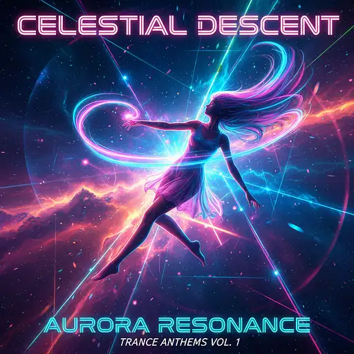 futuristic trance music cover, female figure appearing to fall, reaching out with one hand as if seeking help, glowing neon lights, ethereal and emotional atmosphere, flowing hair, dramatic pose, abstract light trails, vibrant colors, cosmic background, energetic and uplifting, cinematic composition, electronic music vibe, synthwave, surreal, glowing particles, high detail --ar 1:1 --v 6 --q 2 --style cinematic
