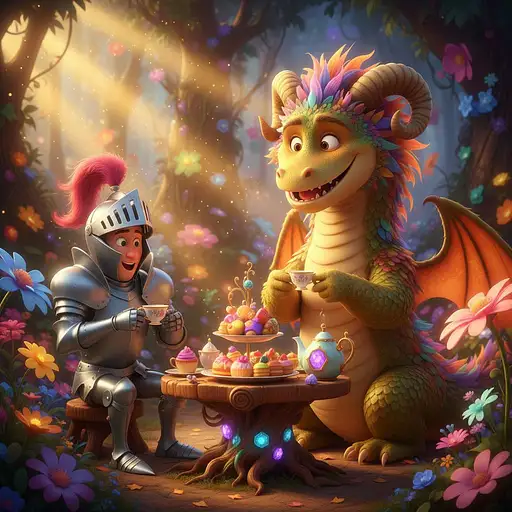 a fantastical concept of a knight in shining armor sharing a tea party with a whimsical dragon, Pixar 3D, in the style of Pete Docter, with playful and exaggerated character designs, a vibrant and warm color temperature, a look of joyful surprise on the knight's face and a friendly grin on the dragon's, bright, directional lighting, a cheerful and magical atmosphere --v 5 --stylize 1000