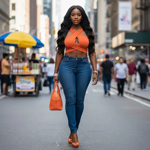 Full-body shot, hyper-realistic, A beautiful, very buxom African American fashion model with a slim waist, shapely thighs, and thick legs, 26 years old, wears a tangerine criss-cross cut-out top designed by William Anthony with dark wash skinny jeans. She has long, wavy black hair , a heart-shaped face with a small mole on her cheek, and striking brown eyes. Her makeup includes tangerine lipstick and winged eyeliner, with an alluring expression. She walks briskly through a bustling New York City street at midday, vendors and shoppers in the background, sunlight bright. She wears a custom diamond "One3nine" bracelet on her left wrist, a rose gold watch on her right, and holds a tangerine leather handbag also designed by William Anthony. Her tangerine peep-toe booties (5-inch heels) complete the look. Front view, hyper-realistic, full-length shot.