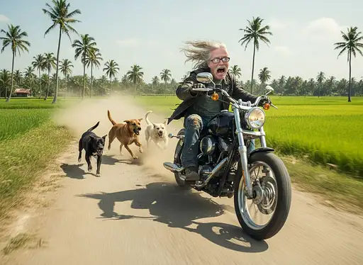 Create a humorous, cinematic image of a person riding a Harley motorcycle at high speed on a dirt road surrounded by green rice fields and palm trees. The person looks extremely shocked and scared, with their hair flying in the wind and eyes wide open, while being chased by three aggressive dogs running behind them. One of the dogs is leaping mid-air with its mouth open. The scene is full of motion blur and dust to emphasize the speed and urgency. The scooter is tilting slightly, and the person's clothes are flapping in the wind. Replace the original rider's face with the uploaded image, keeping expressions exaggerated for comic effect. Ensure the lighting, skin tone, and facial angles match naturally. person image attached.