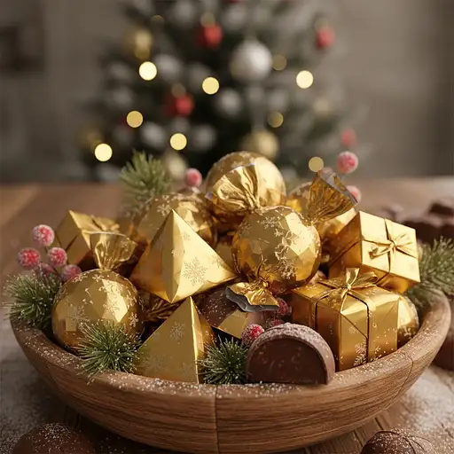 3D close-up of Christmas chocolates with beveled golden wrappers.