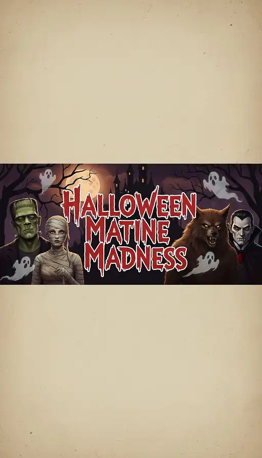 Make a banner that says "Halloween Matinee Madness" with images of classic monsters and ghost.