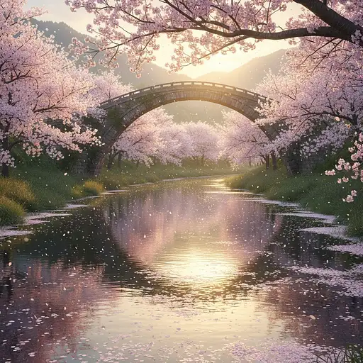 A tranquil river winding through a lush landscape, with a graceful arched stone bridge spanning its width. Delicate cherry blossoms in full bloom frame the scene, their pink petals drifting gently on the breeze and floating atop the water. Soft golden sunlight filters through the branches, casting dappled reflections on the river's surface. The atmosphere is serene and romantic, evoking the gentle beauty of springtime.