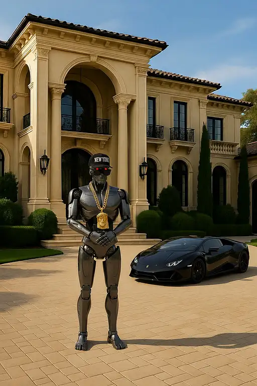 Add the accessories to the robot, and place it in front of the mansion