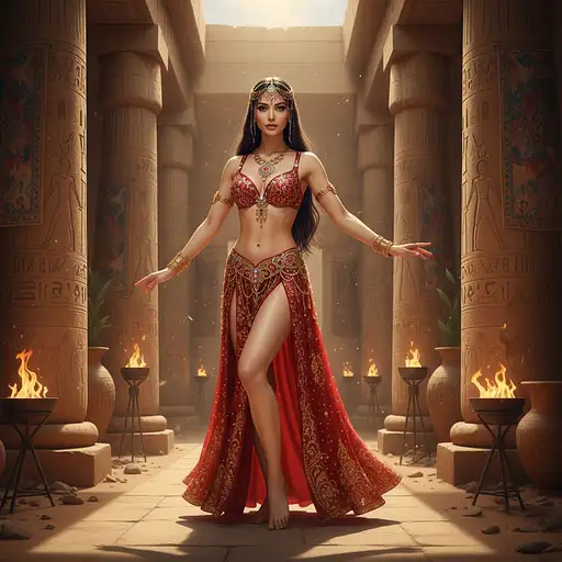 In a vibrant desert temple adorned with ornate columns, stands a woman of exquisite beauty, her presence as enigmatic as it is captivating. She wears a sumptuous red oriental dance costume, embellished with intricate details and adorned with gold jewelry and a dazzling headdress. The costume, tailored to her curves (size 38DD), accentuates her clean, defined waist. Her raven hair, flowing to her waist, enhances the exotic elegance she exudes, paired with a flowing skirt and bra. The skirt, with a front slit, reveals her legs and enhances their allure, and she is barefoot. The exotic atmosphere is further enhanced by the intricate columns and ornate details of the desert temple. Her posture and attire suggest a mesmerizing dance waiting to unfold, leaving behind an aura of mystery and allure.