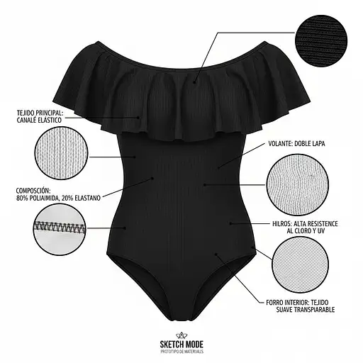 créame una imagen de un bañador de mujer en un dibujo plano tipo sketch, quiero que el dibujo muestre propuestas de tejidos e hilos para que la imagen pueda servir como referencia para identificar la composición y los materiales de que está formada la prenda. la imagen debe de ser para un portal de eccomerce por lo que debe de ser una imagen de un producto con fondo blanco y sin maniqui