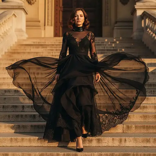 A striking fashion editorial scene during golden hour: the uploaded woman stands at the base of wide stone steps, bathed in warm natural light. She wears a dramatic high-fashion black gown with sheer flowing layers and delicate lace accents, styled with a bold choker and sleek black heels. The sheer fabric moves subtly with the breeze, adding texture and elegance. The atmosphere is cinematic and refined, evoking the pages of a luxury fashion magazine — timeless, editorial, and artfully composed.