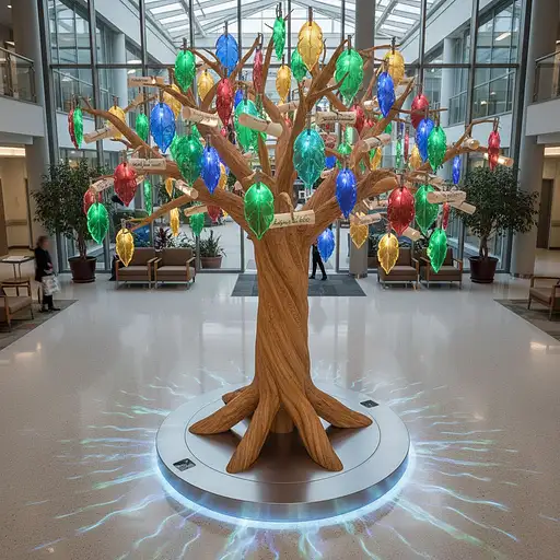 "High-detail visualization of a 3D wooden trunk with 300 glowing acrylic leaves clipped with staff pledges, hospital atrium background, realistic materials, LED base glow, soft reflections on floor, top-down and 3/4 perspective, photoreal render, 4k"