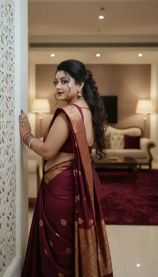 full body view of most beautiful girl as most beautiful indian realstic girl with plus size FLAT stomach , breast size 44 FF, waist 30 , hips 48 , under hips 38, most beautiful girl in elegant bold color saree and long curly hairs, hairs tied up with hair style stylishly, necklace, big wide black eyes, full face, 44F 30 48 figure, makeup, low cut neck, SLEEVLESS, LOW CUT BACK, girl embracing with emotion and possessive feeling, standing support with a wall, bitting her lips, modern elite photo room, with luxury sofa set, most beautiful girl in elegant bold color saree and long curly hairs, hairs tied up with hair style stylishly, necklace, big wide black eyes, full face, makeup, low cut neck, SLEEVLESS, DEEP CUT NECK AND BACK, girl embracing with emotion and possessive feeling, emotional crying with longing feeling, innocence and ecstasy, background, spacious modern elite photo room, with luxury sofa set, MAROON color carpet, elegant interior designs, vintage lamps, romantic reunion ambience, photorealistic, vibrant colors, intricate details, 8k.et, elegant interior designs, vintage lamps, romantic reunion ambience, photorealistic, vibrant colors, intricate details, 8k.