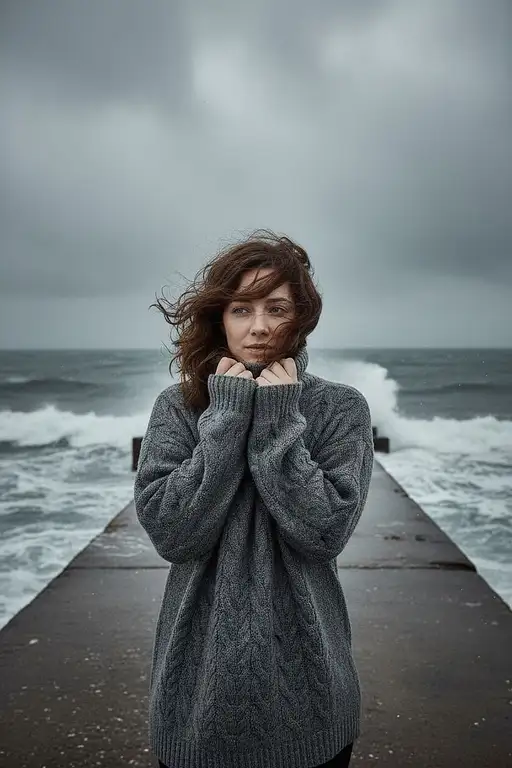 A cinematic photo of the uploaded woman on a stormy, gray concrete pier by the ocean. She is wearing an oversized gray knit sweater, and her hair is blowing dramatically in the wind. The moody atmosphere is created by a cloudy, overcast sky and dark, choppy water. The woman pulls her sweater up around her chin as if to warm up. Professional cinematic photography, wide shot.