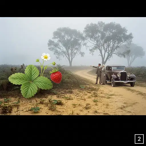 photo realistic, unterhalb des generierten Bildes ein 10 % breiter vollständig schwarzer Balken, in der rechten Ecke steht eingerahmt die Zahl 2 Vegetation: Tasmanisch, am Boden spärlich Boden: eher sandig gelblich ; eine erbeerpflanze mit eine reifen frucht, an einer anderen eine Blüte. Die Pflanze steht 5 Meter vom Weg entfernt im Hintergrund; Farne 5 Meter, 2 Akazien 10 Meter; Diesig neblig, 18:00 Auf einem Waldweg steht ein geschlossener 20erjahre Luxuswagen in brauner Farbe Ein paar Meter daneben steht ein Paar (Mann und Frau), das ungläubig auf die erdbeerpflanze schaut. Wir sehen das Paar von hinten.