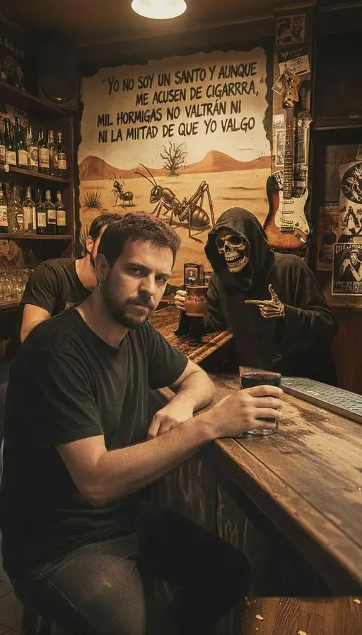 Quiero que me cojas las dos imágenes de referencia y me las mezcles. Me gusta la imagen en la que aparecen los dos frente a frente, pero quiero que se miren y que el tipo mire a la muerte con la expresión con la que mira a cámara en la otra imagen.