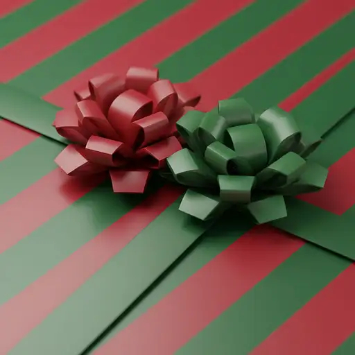3D close-up of smooth red and green gift wrapping with beveled bows