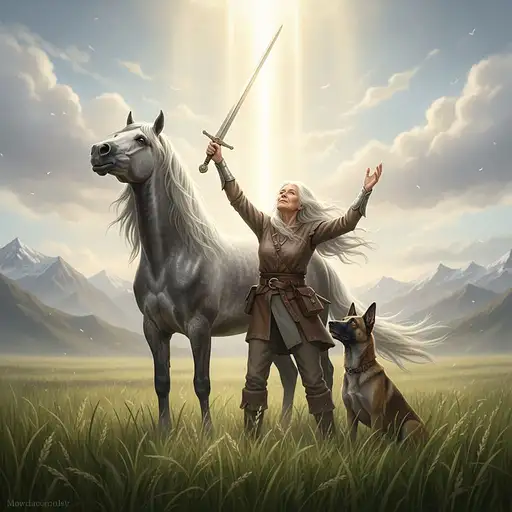 old woman, standing, wearing belted tunic, one sword raised, other arm raised, looking up, eyes closed, grey war horse, no bridle or saddle. Belgian Malinois dog, bare neck. Heavenly light beaming down on woman, dog and horse. Horse and dog looking up. standing in grassy field, mountains in background
