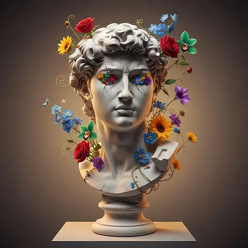 A classical marble bust sculpture, hyper-realistic, with vibrant colorful flowers blooming from cracks and openings, surreal and artistic composition, delicate petals and vines wrapping around the stone, cinematic soft lighting, ultra-detailed marble texture with veins, luxury art style, high contrast, elegant museum display, 8k resolution minimal background, soft golden glow, clean aesthetic, luxury product photography, centered composition