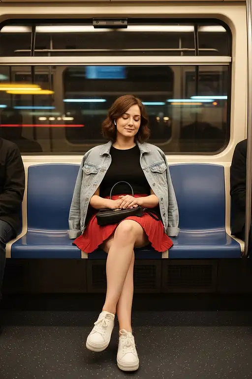 A photo-realistic shot of the uploaded woman in a red mini skirt, black top and light jacket, seated in the metro. She holds a small handbag on her lap and has earbuds in, listening to music. The city lights flicker through the window behind her, and her expression is calm, as if drifting between sleep and thought. Camera is zoomed out far enough that we can see her entire body, including her shoes.