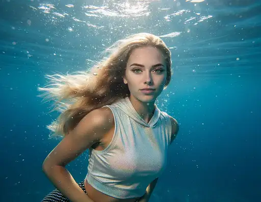 A beautiful girl with big green eyes and long eyelashes is swimming underwater. The water around her shimmers like glass. The girl's shirt color glitters with light blue, yellow, and orange pink colors in a colorful, vibrant, hyper realistic style of photography with intricate details in high resolution, high definition professional photograph. --ar 4:5 --v 6.0