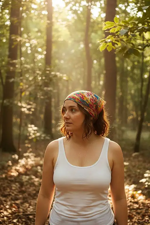 The uploaded woman stands out against a backdrop of dense trees and shrubbery, the warm sunlight filtering through the leaves creating dappled shadows on the forest floor. She wears a colorful headscarf tied loosely around her head. A white tank top clings to her body, covered in sweat as she stands in the midst of the natural environment. Her hair hangs from under the headscarf, sticking to the side of her face and adding a touch of whimsy to her overall look. Random candid pose, not looking at the camera.