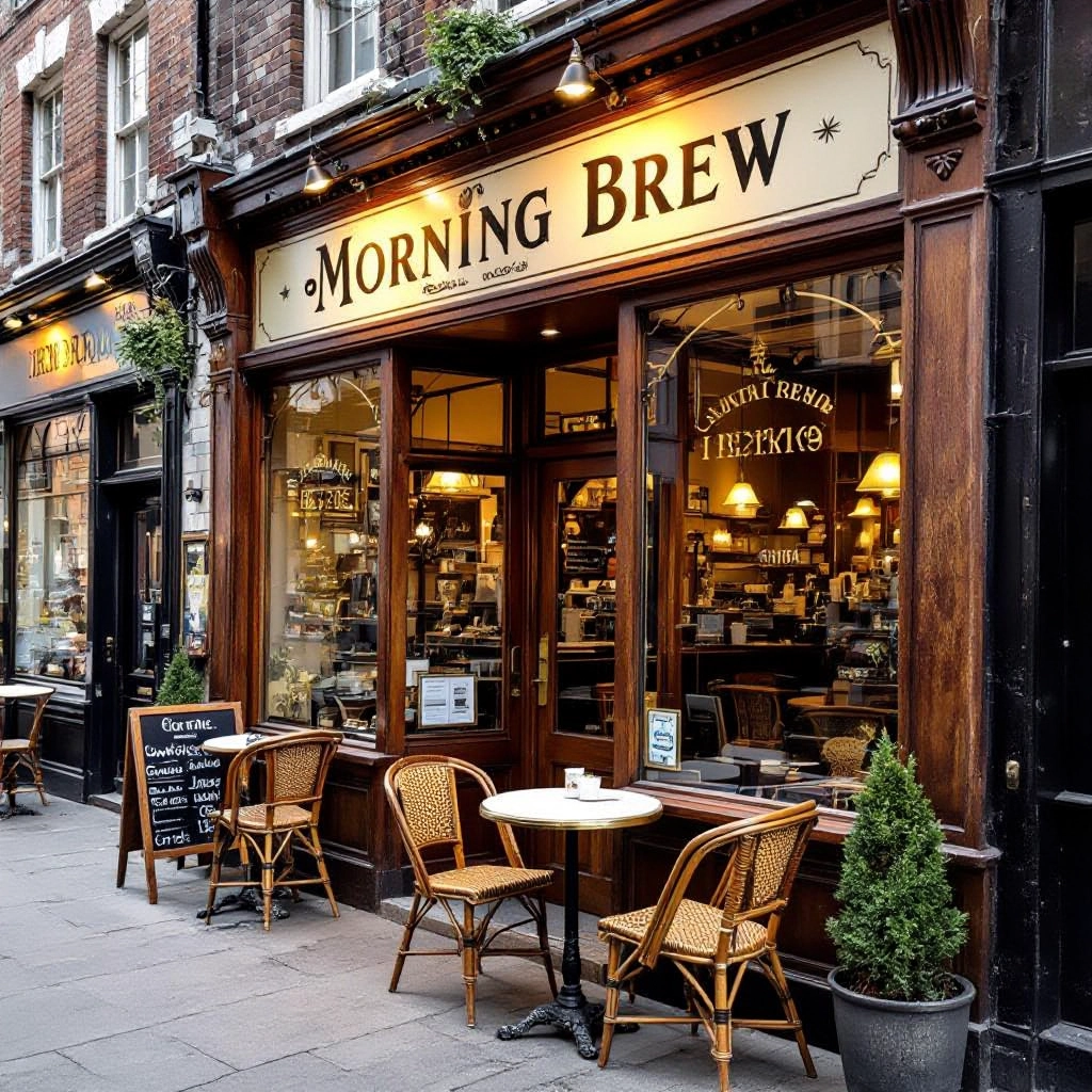A café storefront with vintage sign 'Morning Brew', warm lighting, café chair and table outside, wood textures
