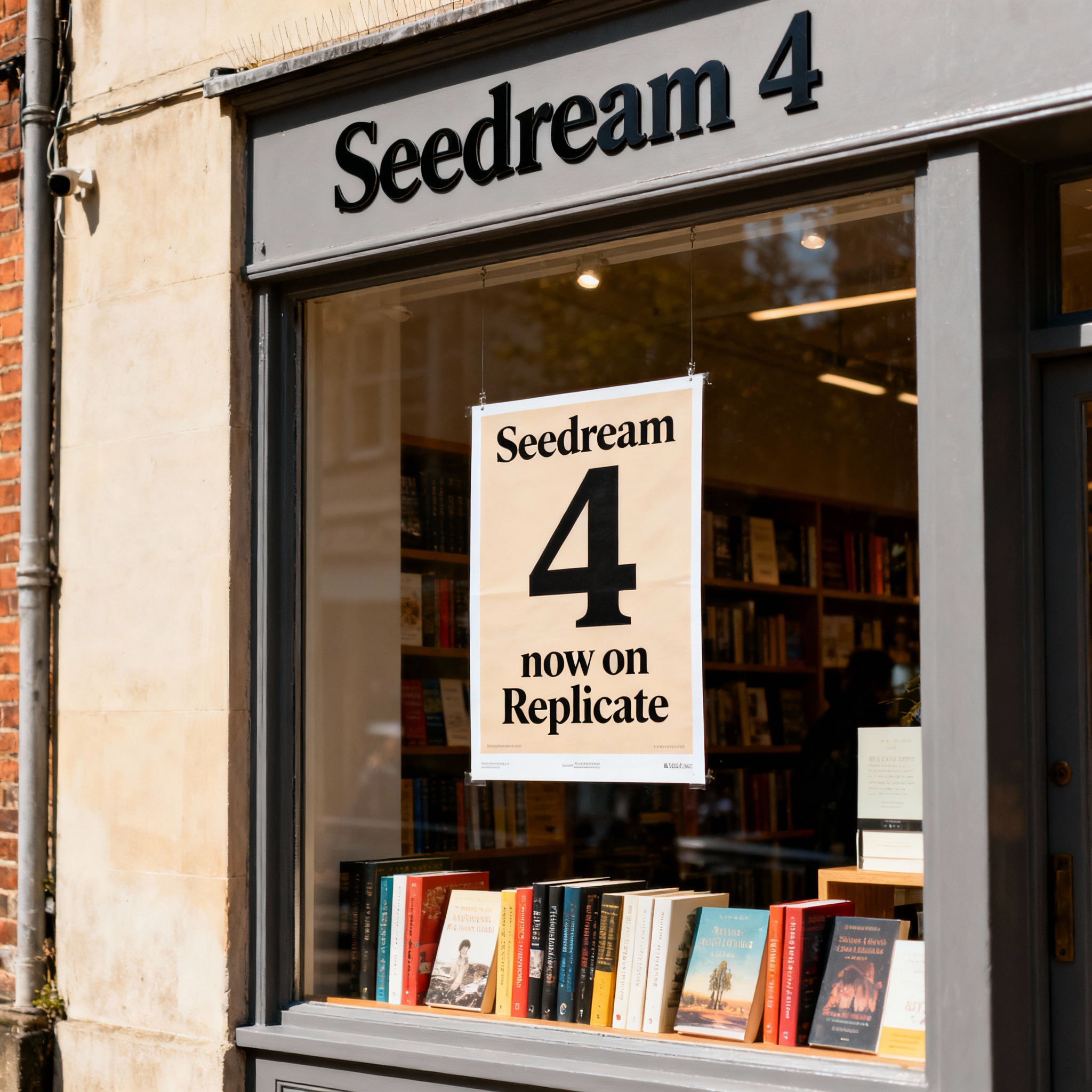 a photo of a store front called "Seedream 4", it sells books, a poster in the window says "Seedream 4 now on Replicate"