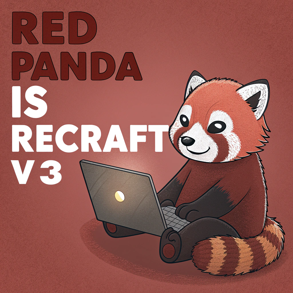 a portrait of a cute red panda using a laptop, the poster has the title "Red panda is Recraft v3", against a red background