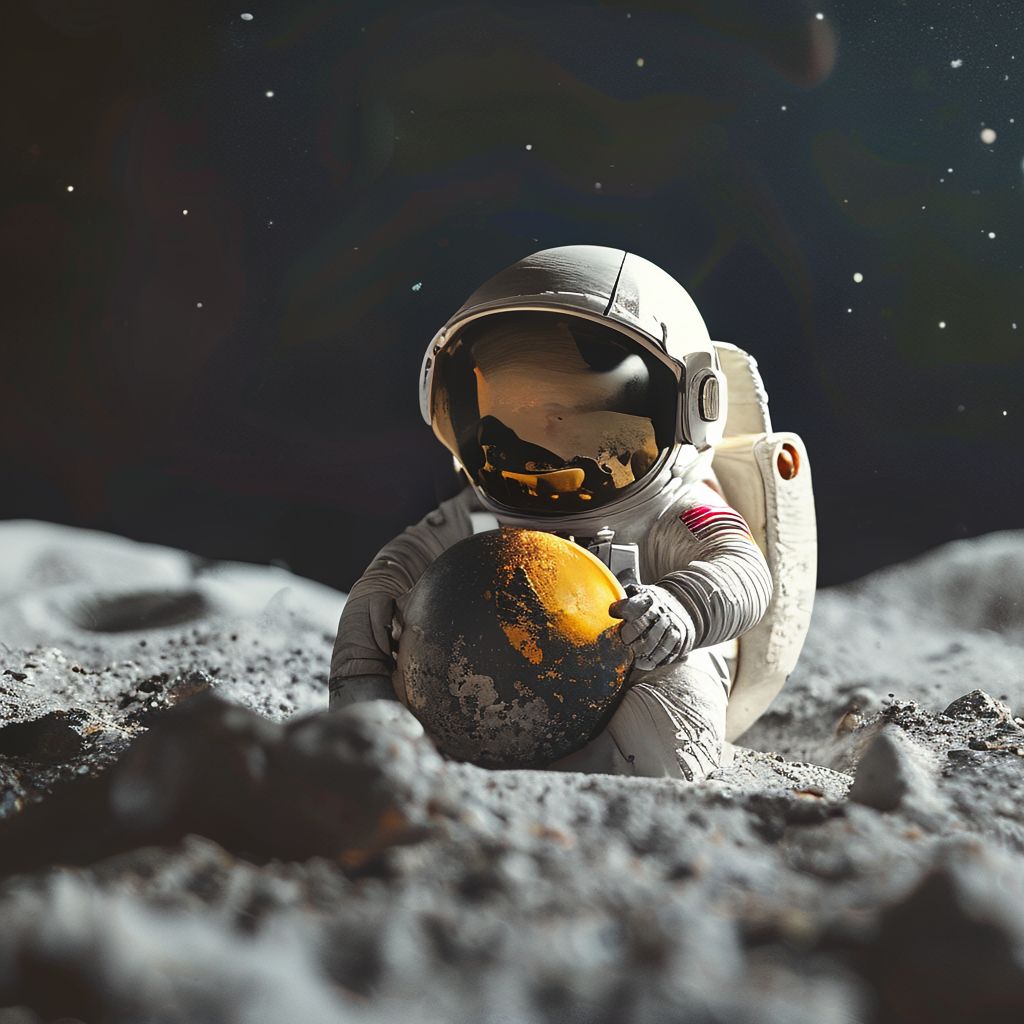 a tiny astronaut hatching from an egg on the moon