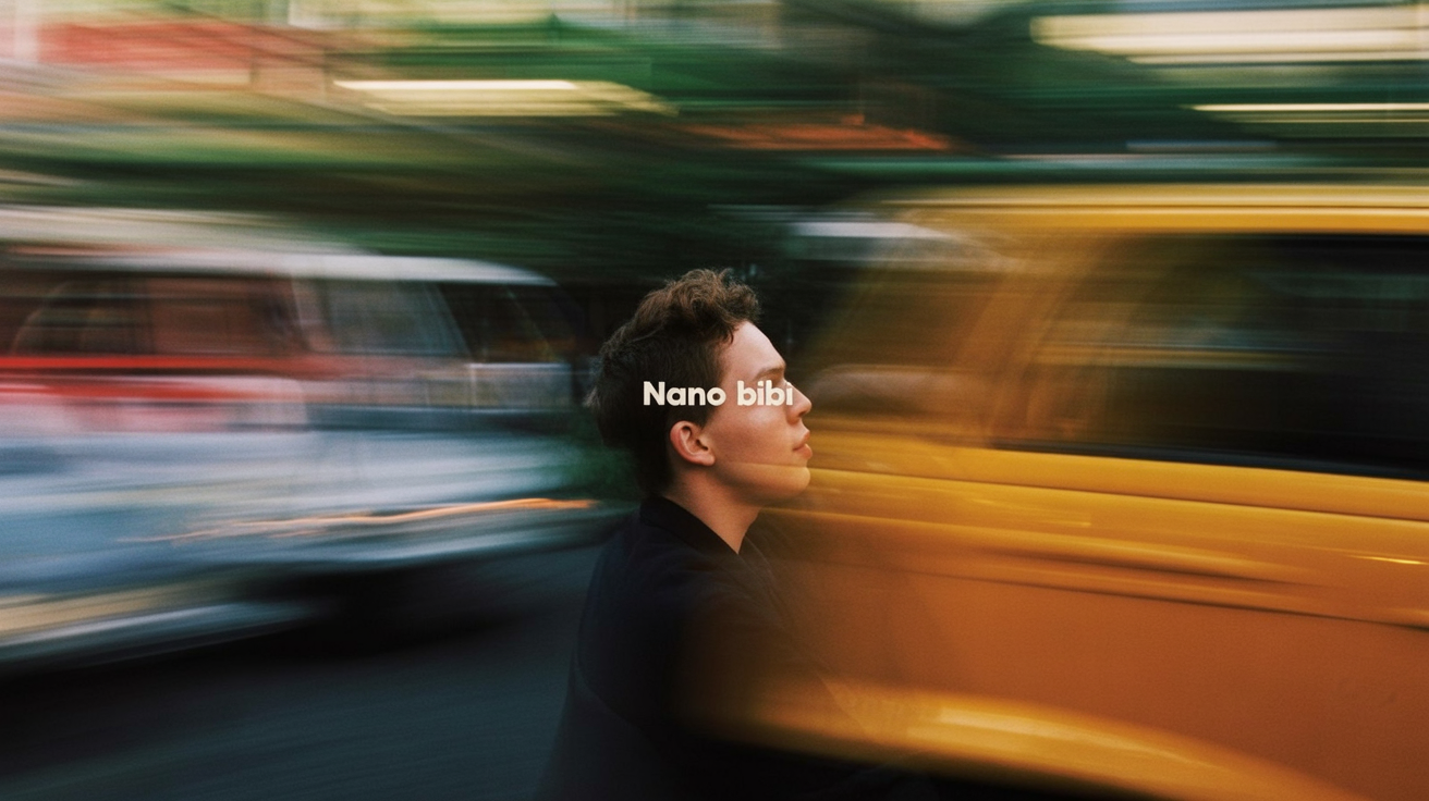 The text "Nano BiBi" in the center middle. A color film-inspired portrait of a young man looking to the side with a shallow depth of field that blurs the surrounding elements, drawing attention to his eye. The fine grain and cast suggest a high ISO film stock, while the wide aperture lens creates a motion blur effect, enhancing the candid and natural documentary style.