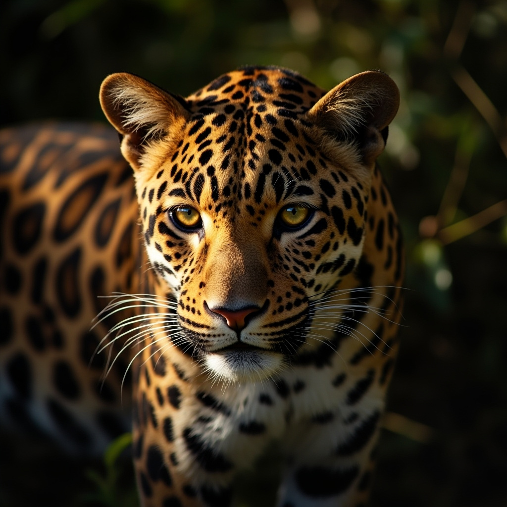 A close-up portrait of a leopard with distinctive spotted pattern and intense eyes