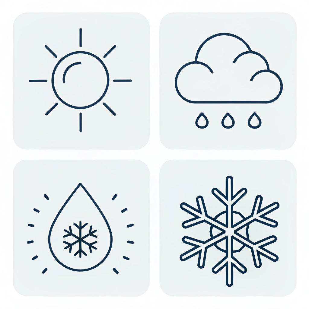 Icon set in SVG for weather app: sun, cloud, rain, snow icons; line art, consistent stroke width, monochrome palette