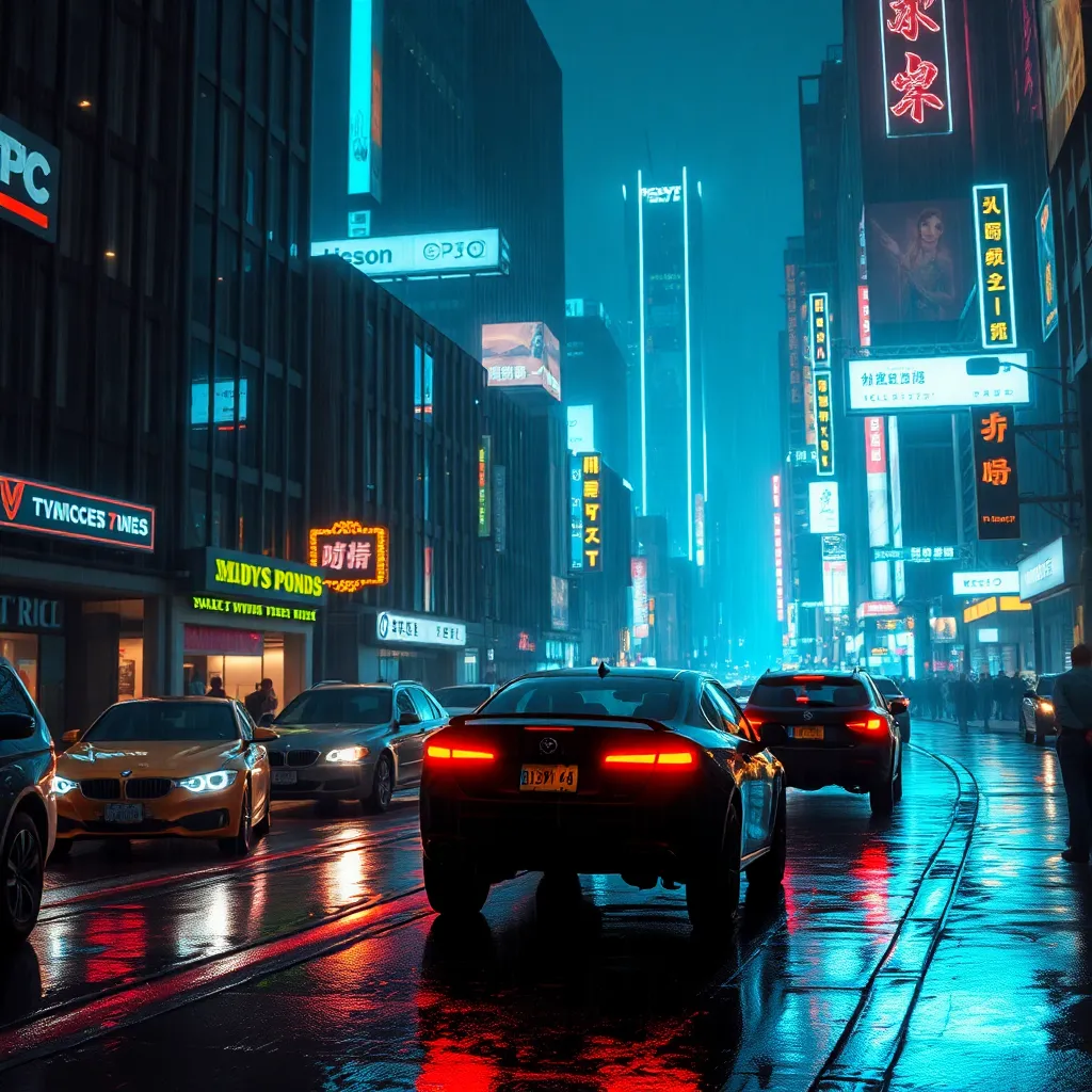 A neon cyberpunk cityscape at night, rain soaked streets reflecting neon lights, futuristic vehicles, moody lighting, sharp detail