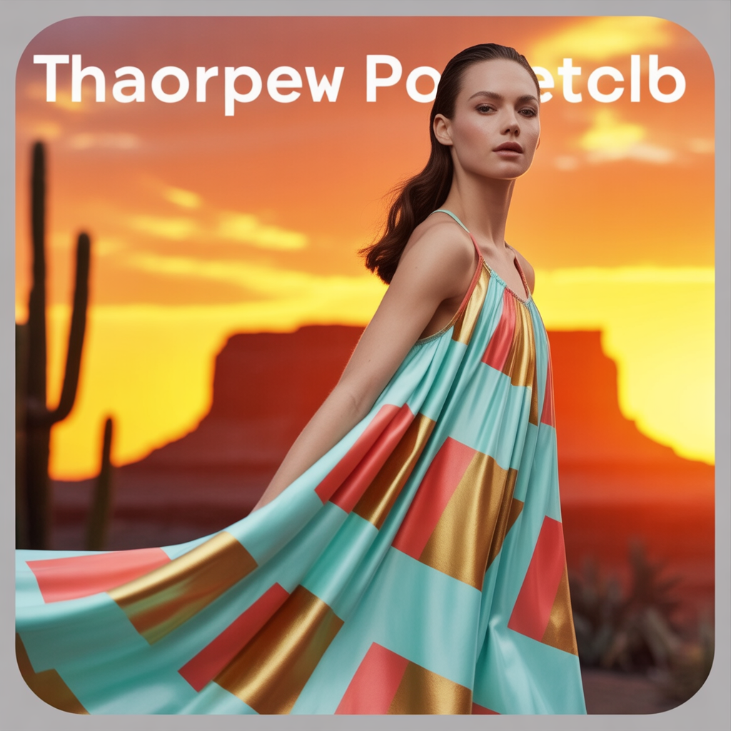 A high-fashion editorial shot: model wearing vibrant patterned dress, desert sunset background, moody lighting, cinematic feel