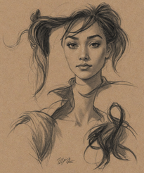 Color this character sketch as a realistic portrait of a young woman with natural skin tones, soft lighting, and subtle shadows. Keep facial structure and lines intact. (realistic texture:0.9), (natural lighting:0.8)