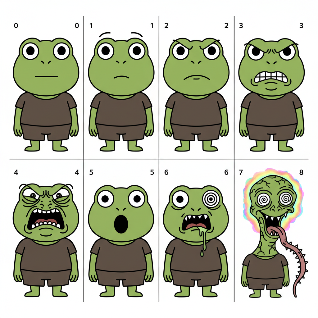 {
  "specVersion": "1.0",
  "type": "sprite_sheet",
  "intent": "animation_ready_meme",

  "canvas": {
    "width": 800,
    "height": 400,
    "background": {
      "type": "solid",
      "color": "#FFFFFF"
    }
  },

  "grid": {
    "columns": 4,
    "rows": 2,
    "frameSize": {
      "width": 200,
      "height": 200
    },
    "origin": {
      "x": 0,
      "y": 0
    }
  },

  "globalConstraints": {
    "cameraLocked": true,
    "noAutoCentering": true,
    "noReframing": true,
    "noScaleVariance": true,
    "noRotationVariance": true,
    "noBackgroundChange": true,
    "singleCharacterOnly": true
  },

  "contentRules": {
    "anchor": {
      "x": 0.5,
      "y": 0.5,
      "unit": "normalized",
      "relativeTo": "frameBox",
      "target": "head_center"
    },
    "maxContentBounds": {
      "width": 160,
      "height": 160,
      "unit": "pixels"
    },
    "transformLock": {
      "translate": true,
      "scale": true,
      "rotation": true
    }
  },

  "character": {
    "id": "meme_character_001",
    "style": "internet_meme",
    "consistency": {
      "identity": true,
      "outfit": true,
      "proportions": true,
      "cameraAngle": true,
      "framing": true
    }
  },

  "frames": [
    {
      "frameIndex": 0,
      "frameBox": { "x1": 0, "y1": 0, "x2": 200, "y2": 200 },
      "content": {
        "expression": {
          "emotion": "neutral",
          "intensity": 0.0
        },
        "description": "Calm neutral meme face"
      },
      "transform": {
        "translate": { "x": 0, "y": 0 },
        "scale": 1.0,
        "rotation": 0
      }
    },

    {
      "frameIndex": 1,
      "frameBox": { "x1": 200, "y1": 0, "x2": 400, "y2": 200 },
      "content": {
        "expression": {
          "emotion": "confused",
          "intensity": 0.2
        },
        "description": "Slight confusion, eyebrows raised"
      },
      "transform": { "translate": { "x": 0, "y": 0 }, "scale": 1.0, "rotation": 0 }
    },

    {
      "frameIndex": 2,
      "frameBox": { "x1": 400, "y1": 0, "x2": 600, "y2": 200 },
      "content": {
        "expression": {
          "emotion": "annoyed",
          "intensity": 0.4
        },
        "description": "Visible annoyance, lips tightened"
      },
      "transform": { "translate": { "x": 0, "y": 0 }, "scale": 1.0, "rotation": 0 }
    },

    {
      "frameIndex": 3,
      "frameBox": { "x1": 600, "y1": 0, "x2": 800, "y2": 200 },
      "content": {
        "expression": {
          "emotion": "angry",
          "intensity": 0.6
        },
        "description": "Angry expression, tense face"
      },
      "transform": { "translate": { "x": 0, "y": 0 }, "scale": 1.0, "rotation": 0 }
    },

    {
      "frameIndex": 4,
      "frameBox": { "x1": 0, "y1": 200, "x2": 200, "y2": 400 },
      "content": {
        "expression": {
          "emotion": "angry",
          "intensity": 0.8
        },
        "description": "Very angry, exaggerated meme face"
      },
      "transform": { "translate": { "x": 0, "y": 0 }, "scale": 1.0, "rotation": 0 }
    },

    {
      "frameIndex": 5,
      "frameBox": { "x1": 200, "y1": 200, "x2": 400, "y2": 400 },
      "content": {
        "expression": {
          "emotion": "shocked",
          "intensity": 1.0
        },
        "description": "Sudden shock, wide eyes"
      },
      "transform": { "translate": { "x": 0, "y": 0 }, "scale": 1.0, "rotation": 0 }
    },

    {
      "frameIndex": 6,
      "frameBox": { "x1": 400, "y1": 200, "x2": 600, "y2": 400 },
      "content": {
        "expression": {
          "emotion": "out_of_control",
          "intensity": 1.2
        },
        "description": "Losing control, distorted features"
      },
      "transform": { "translate": { "x": 0, "y": 0 }, "scale": 1.0, "rotation": 0 }
    },

    {
      "frameIndex": 7,
      "frameBox": { "x1": 600, "y1": 200, "x2": 800, "y2": 400 },
      "content": {
        "expression": {
          "emotion": "unhinged",
          "intensity": 1.5
        },
        "description": "Completely unhinged, absurd cursed meme face"
      },
      "transform": { "translate": { "x": 0, "y": 0 }, "scale": 1.0, "rotation": 0 }
    }
  ],

  "output": {
    "format": "sprite_sheet",
    "frameCount": 8,
    "loopSafe": true,
    "animationReady": true,
    "guarantees": [
      "fixed_frame_box",
      "centered_content",
      "zero_jitter"
    ]
  }
}