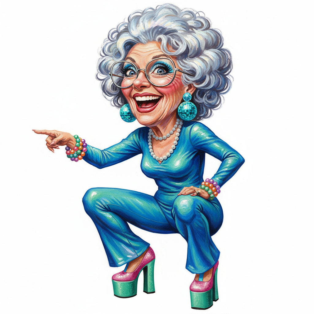 funny caricature cheerful older woman with exaggerated features who embodies a 1970s disco queen. She has voluminous, perfectly styled silvery-white curly hair and oversized, round, wire-rimmed glasses that accentuate her broad, ecstatic smile, as well as expressive, heavily whipped eyes that look up and to the side. She wears a shimmering, tight, iridescent teal/blue metallic jumpsuit with flared legs. Her accessories include large, dangling, spherical disco ball earrings in bright blue and cyan, a pearl necklace, and several colorful pearl bracelets on her wrists. She wears extremely high platform shoes with thick, chunky heels, a glittering pink upper, and a vibrant blue-green platform base. Her pose is dynamic, squatting low and pointing with one hand out and slightly up to capture a moment of energetic dancing. oil painting, White background