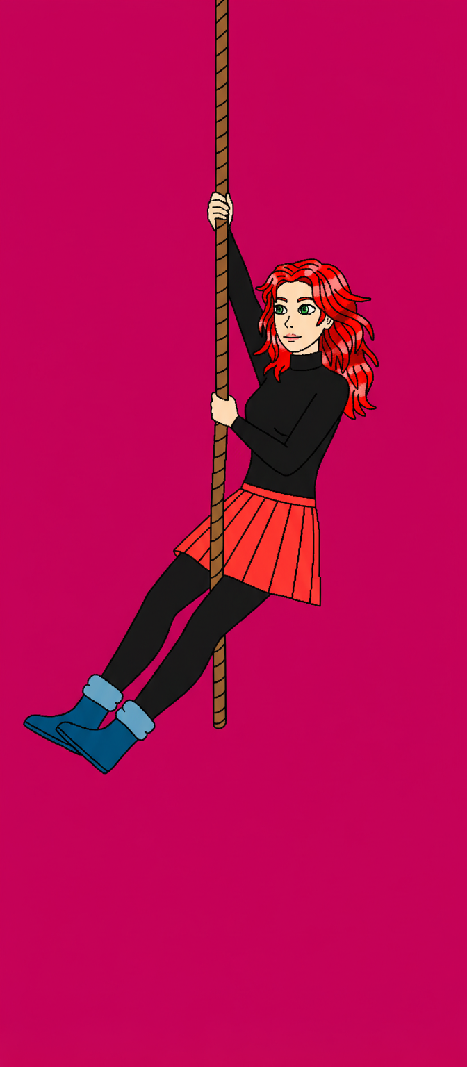 Woman in picture rope climbing while holding on vertical rope with both hands without her legs touching ground. Woman's one hand holding rope must be stretched upwards while woman's legs must be stretched straight horizontally upwards and be very close to each other. Hair and clothes must remain same. Woman in picture must be drawn in same artstyle as shown in picture.