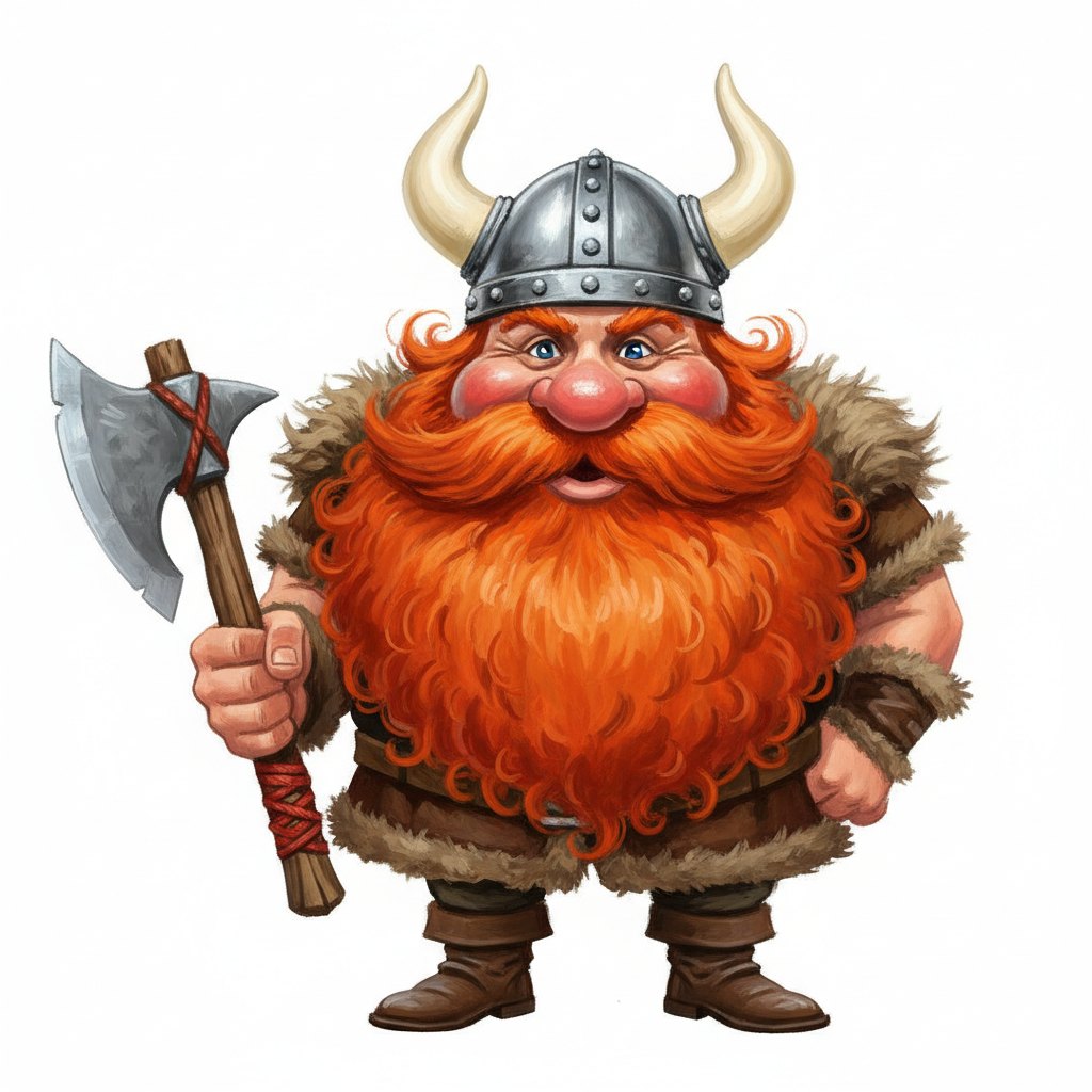 funny caricature cute Viking with a big, red, curly beard and mustache. The Viking has a round face with a pink nose and small, expressive eyes. He wears a silver Viking-style helmet with two curved horns decorated with metal rivets. His outfit includes a fur-trimmed tunic and brown boots. In his right hand he holds a large, double-edged axe with a wooden handle wrapped in a red rope. . oil painting, white background