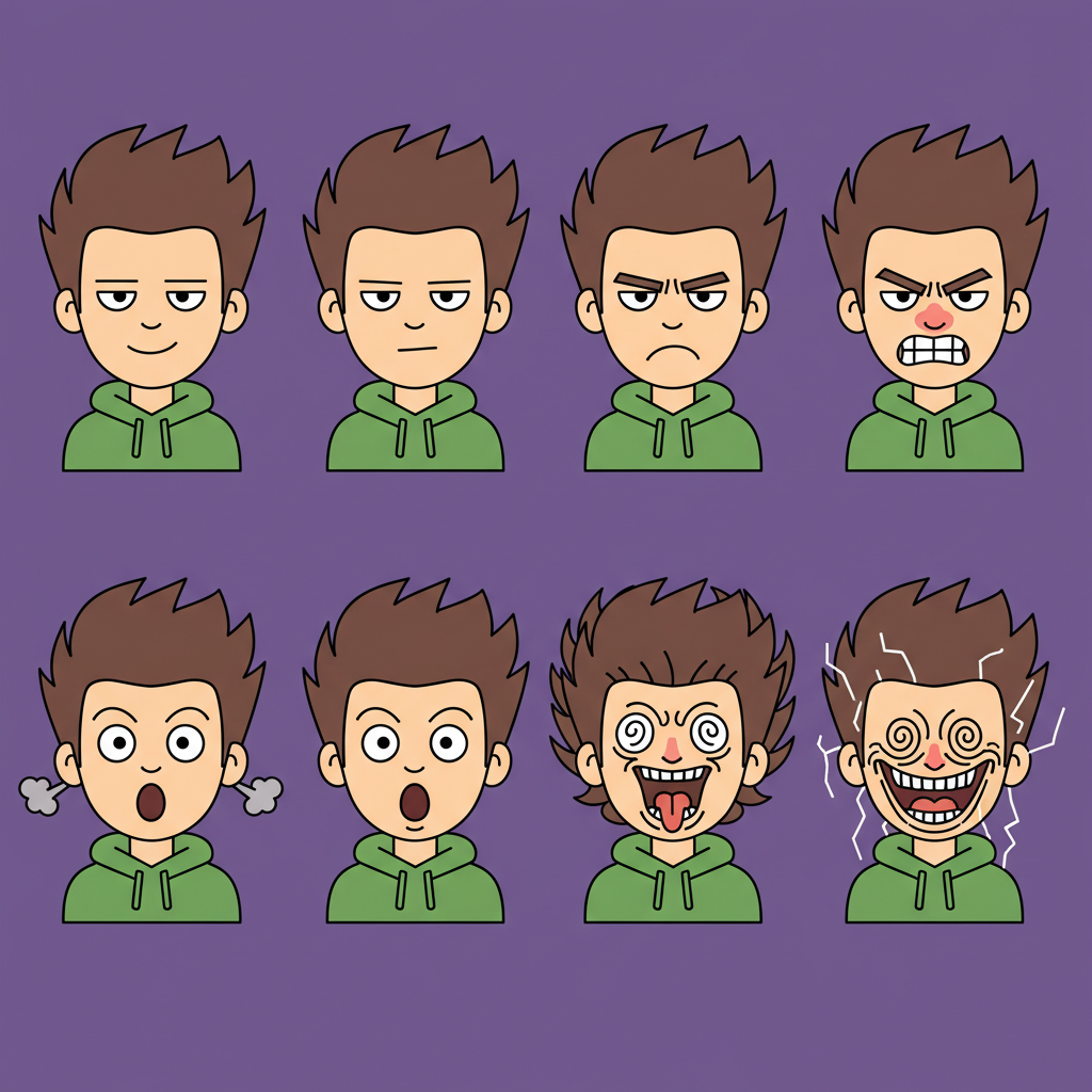 Create a meme-style sprite sheet designed for animation use.
CANVAS & LAYOUT (HARD CONSTRAINTS):
- Single image sprite sheet
- Grid layout: 4 columns x 2 rows (8 frames total)
- Each frame size: 256 x 256 pixels
- Equal spacing between frames
- Flat solid-color background
- No borders, no margins inside frames
FRAME REGISTRATION & ALIGNMENT (CRITICAL):
- Use consistent frame registration across all frames
- Use a fixed anchor point at the exact center of each frame
- The character’s head center must be perfectly aligned to the frame center in every frame
- No horizontal or vertical movement between frames
- No scale changes between frames
- No rotation between frames
- Camera is fully locked: no pan, no zoom, no tilt
CHARACTER CONSISTENCY:
- The same single character appears in every frame
- Identical outfit, hairstyle, proportions, and silhouette
- Identical camera angle and framing
- Only facial expression changes are allowed
- No body translation or repositioning
ANIMATION LOGIC:
- Frames represent a smooth emotional progression
- Expression escalates gradually from calm to exaggerated
- Each frame changes only the internal facial deformation
- Motion must feel loopable and stable
MEME STYLE:
- Internet meme style
- Bold outlines, high contrast
- Slightly exaggerated and absurd expressions
- Clean and readable, not realistic, not cinematic
CONTENT PROGRESSION:
Frame 1: neutral, calm expression
Frame 2: slight confusion
Frame 3: visible annoyance
Frame 4: anger
Frame 5: intense anger
Frame 6: shock
Frame 7: loss of control
Frame 8: completely unhinged, absurd meme expression
FORBIDDEN (STRICT):
- No text
- No captions
- No speech bubbles
- No background elements
- No shadows or lighting changes
- No motion blur
- No automatic recentering
- No camera movement
- No scene changes
OUTPUT:
- One single sprite sheet image
- Animation-ready, perfectly aligned frames