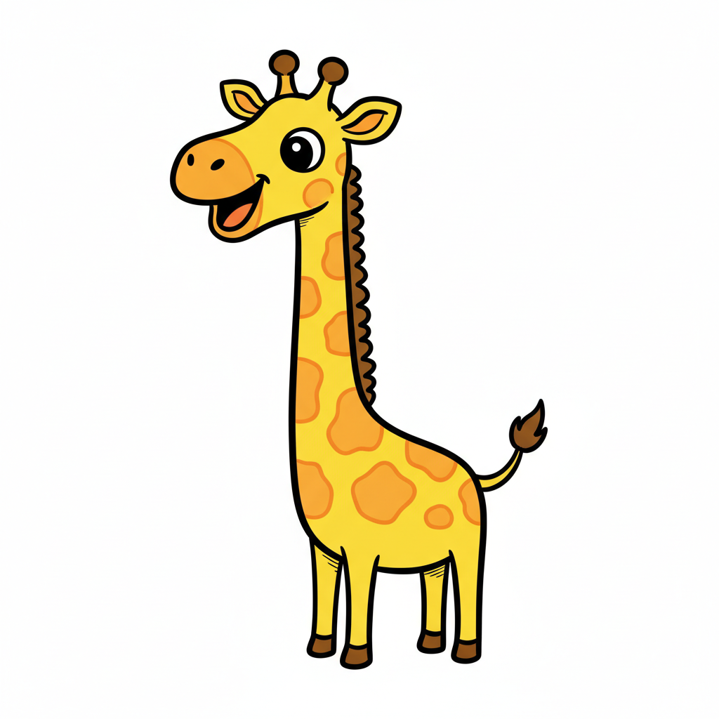 A yellow giraffe with a cute and happy expression, drawn in simple line art on a plain white background. A cartoonish illustration, reminiscent of children’s book drawings and inspired by simple line sketches. Features a limited color palette with minimal details, the design is isolated on a pure white background