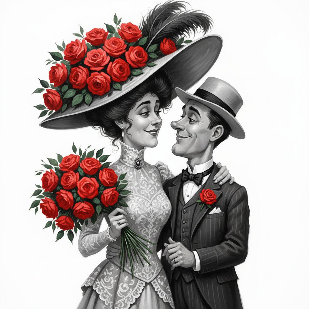 funny caricature Black and white illustration of an early 20th-century pair in vintage style with selective coloring of the roses. The woman has dark, wavy hair and wears an elegant lace dress with a high collar and elaborate details. She is adorned with a large wide-brimmed hat decorated with an elaborate bouquet of red roses and dark feathers. She holds a bouquet of bright red roses with green leaves. The man has a clean-shaven face and dark hair and wears a classic suit with a tie and a wide-brimmed hat. A red rose is attached to his lapel. The couple looks into each other's eyes, with the man gently holding the woman's arm. oil painting, white background.