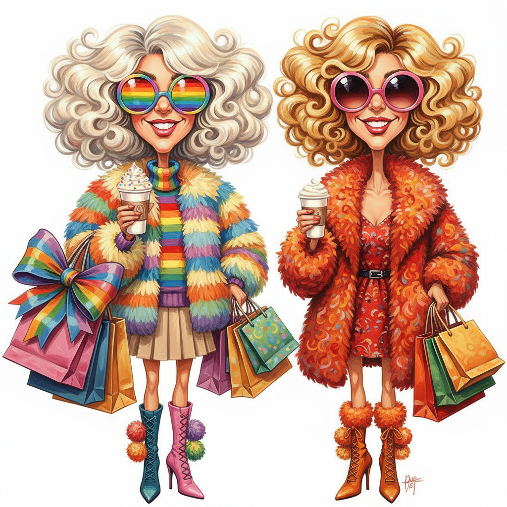funny caricature The woman on the left has voluminous, platinum blonde, wavy hair and wears large, round, iridescent sunglasses. Her outfit consists of an intensely colorful, fluffy, rainbow-striped faux fur coat over a beige or light brown pleated miniskirt and a matching striped turtleneck sweater. In her right hand, she holds a to-go mug with whipped cream and colorful sprinkles, and in her left, she carries several shopping bags tied together with a colorful bow. Her footwear consists of high-heeled ankle boots: one dark blue-green/purple, the other bright pink, both decorated on top with fluffy, multicolored pompoms. The woman on the right also has voluminous, blonde hair and wears large, round sunglasses with pink edges. She wears a colorful, textured, fluffy faux fur coat in red and orange that opens to reveal a short, patterned red dress with a thin belt. In her left hand she holds a simple coffee cup and in her right several shopping bags, her high-heeled ankle boots are in burnt oranges and deep amber, trimmed with fluffy orange material and with lace-up details at the front.. oil painting, white background