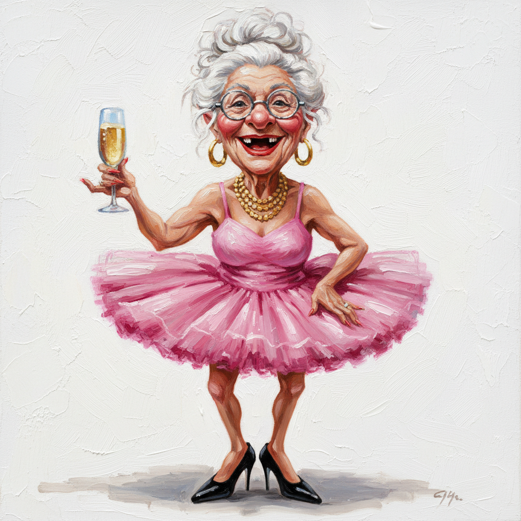 funny caricature an elderly woman in a pink tutu dress, black high hills and glasses holding a glass of champagne. She wears a gold necklace and earrings and has a big smile on her face.. oil painting, white background