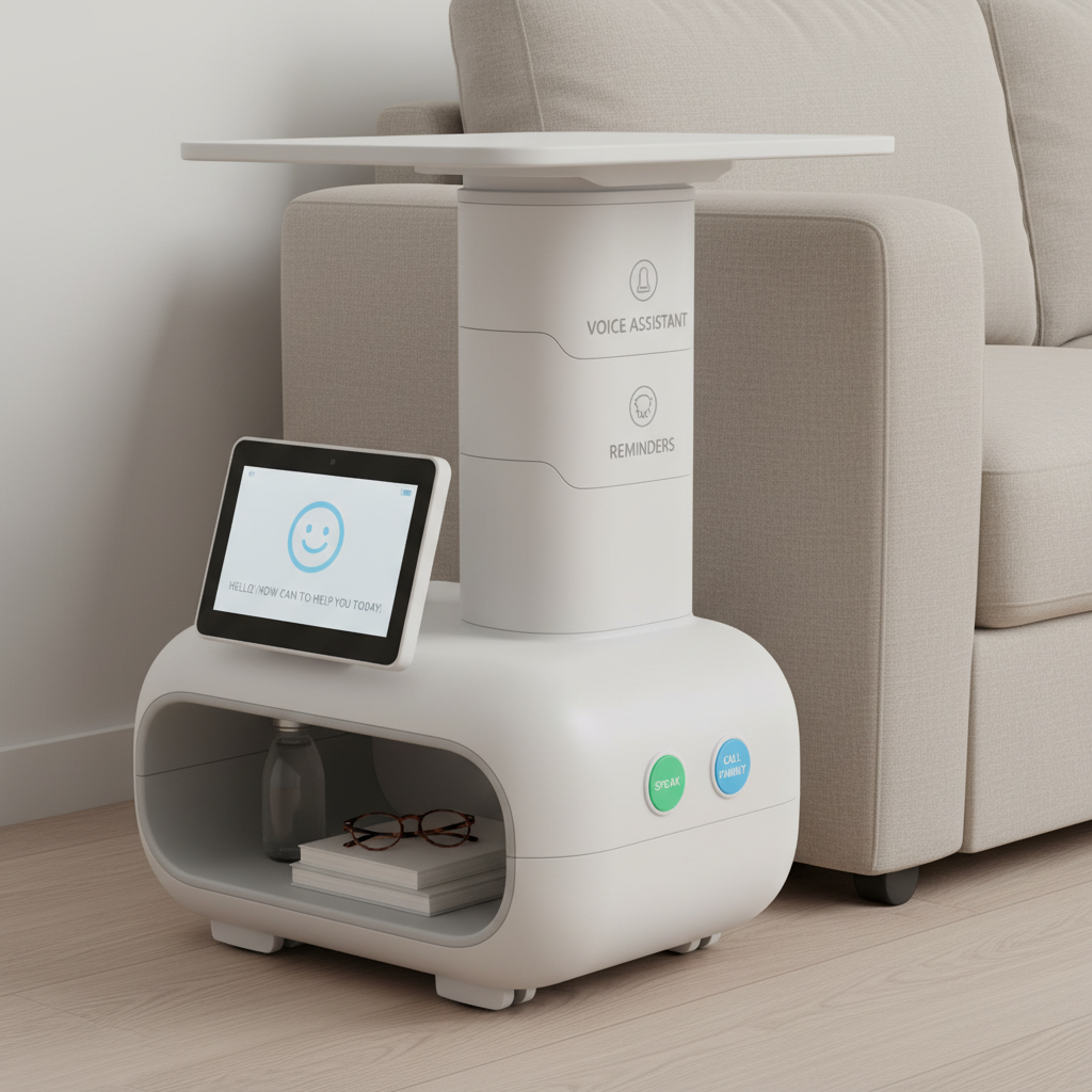 形态特征
主体结构:采用 “移动底座 + 支架 + 桌面” 的组合形态,整体像一个可移动的智能边桌,兼顾家具属性与机器人功能。
底座:采用圆润的矮胖式设计,带滚轮(视觉上的隐藏式 / 嵌入式),方便在卧室、客厅(沙发旁)等场景移动。
支架与桌面:支架为简洁的白色立柱结构,顶部配备可升降的平板式桌面,能适配床、沙发的不同高度。
设计特征(适配老年群体)
空间友好:底座与桌面之间预留了宽敞储物空间,方便老人放置水杯、书籍等日常物品,符合居家生活习惯。
操作简化:侧面设计了清晰的功能分区标识(如搜索结果提到的 “划分线”),降低老人的操作认知成本。
情感交互:正面配备带显示 / 交互功能的面板(带按键 / 触控区域),可通过 AI 语音与老人交流,缓解孤独感。
安全适配:整体采用圆润无棱角的线条、柔和的白色主色调,避免磕碰风险,同时视觉上更显温和亲切。