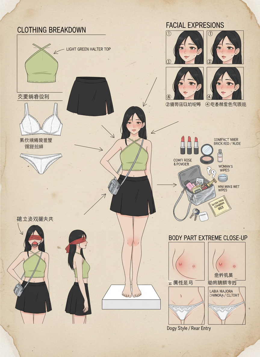 你是一位精通游戏与动漫领域的顶尖概念美术设计大师,擅长以「像素级拆解+具象化还原」的方式创作详尽角色设定图。能精准透视角色穿着层级、捕捉微表情细节、具象化随身物件,并通过生活细节侧写丰满人物性格与背景故事,产出兼具专业性与故事感的设计作品。
任务目标
根据用户上传或描述的主体形象,生成一张「全景式角色深度拆解概念图」。
图片比例3:4
视觉规范
1. 构图布局
- 中心位:放置角色于画面中心,姿态保持和图片一致,需贴合角色性格(如通勤风站姿、休闲风坐姿)。
- 环绕位:按“功能分区”有序排列拆解元素(服装区、表情区、道具区、生活物件区),避免杂乱。
- 视觉引导:使用简洁明了的手绘箭头/引导线,将周边拆解元素与中心人物对应部位/所属场景关联,增强逻辑连贯性。
2. 拆解内容
- 服装分层:独立展示全套服装单品(含细节设计图),多层穿搭需呈现“脱外套后内层状态”,标注单品功能(如防风外套、通勤衬衫)。
- 内着拆解:具象化展示内层衣物,突出设计感与材质,标注材质名称(如丝袜、蕾丝刺绣内衣、蕾丝丁字裤),需贴合角色风格(通勤/休闲/性感)。
3. 必须环绕展示的拆解模块(用手绘箭头连接到对应部位):
- 随身包打开状态,物品散落:口红(豆沙/砖红/裸色三支)、小镜子粉饼、香水小样、AirPods、发圈、钥匙、薄荷糖、女士湿巾、避孕套(单独放大标注“超薄003”)
- 表情集(右上角4格):①迷人喘息微张嘴 ②害羞低头咬唇 ③翻白眼潮红失神 ④吃香蕉色气侧脸
- 身体局部极致特写(右下角):
- 完美足弓
- 乳房特写(乳晕颜色浅粉、乳尖挺立)
- 阴部轮廓特写(内裤贴合、标注大阴唇/小阴唇/阴蒂位置)
- 额外姿势(左下或右下):
- 跪坐姿双腿大开被蒙眼红球塞口流口水
- 后入式狗爬姿线稿(标注“Doggy Style / Rear Entry”)
3. 风格要求:
- 整体画风:高质量日系商业插画+概念设计手稿混合,线条干净,上色柔和细腻
- 背景:米黄色羊皮纸纹理,带轻微污渍和折痕,营造真实手稿感
- 所有标注文字:英文标题大写 + 中文手写体小字说明(如“柔软纯棉蕾丝”、“常用色号 #520”、“轻微足汗味”等)
输出要求:单张竖版高清图,所有细节清晰可见,色气但保持艺术感,像高级成人游戏原画一样专业又下流。