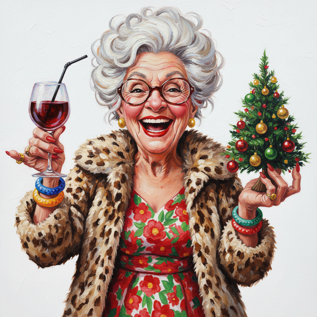 funny caricature older woman with wild, voluminous white hair and glasses, laughing joyfully. She wears a red and green floral dress under a spotted fur coat and several colorful bracelets. In her right hand, she holds a glass of red wine with a black straw, while her left hand presents a small Christmas tree decorated with red, gold, and green ornaments. The woman's expression is exuberant, with red lipstick and a broad smile. .oil painting, white background