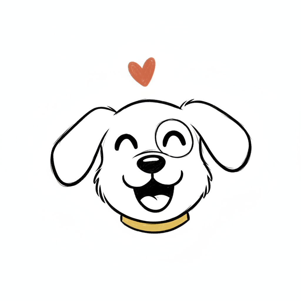 A dog with a cute and happy expression, drawn in simple line art on a plain white background. A cartoonish illustration, reminiscent of children’s book drawings and inspired by simple line sketches. Features a limited color palette with minimal details, the design is isolated on a pure white background
