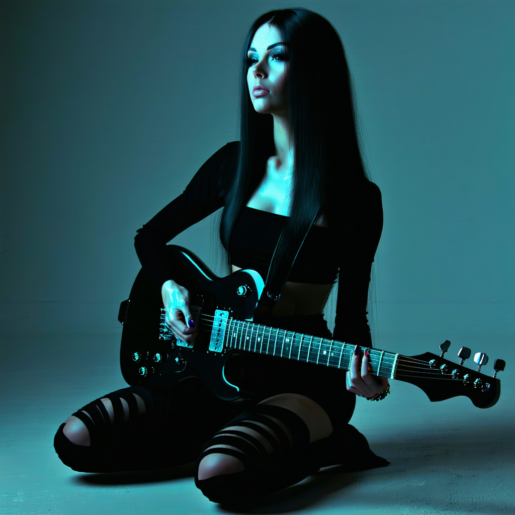 Woman (ethnicity:1.2, age:1.1), (detailed clothing:1.2), (body type:1.1, pose:1.2) kneeling, playing electric guitar (detailed texture:1.2),  (expression:1.2), (facial features:1.3) in a low-lit studio, black attire (detailed clothing:1.2),  (accessories:1.1, detailed clothing:1.2) with black straps on her legs, seated pose (pose:1.2), medium shot,  (detailed skin texture:1.2)  facing the viewer, from slightly below perspective (camera angle:1.1),  studio backdrop (dark, gray-brown) (atmosphere:1.1) ,  dark and dramatic lighting (lighting:1.2),  photorealistic style, digital art,  focus on the musician,  (detailed guitar details:1.2),  high detail,  (nails:1.1),  red lipstick (detailed makeup:1.2),  low key lighting.