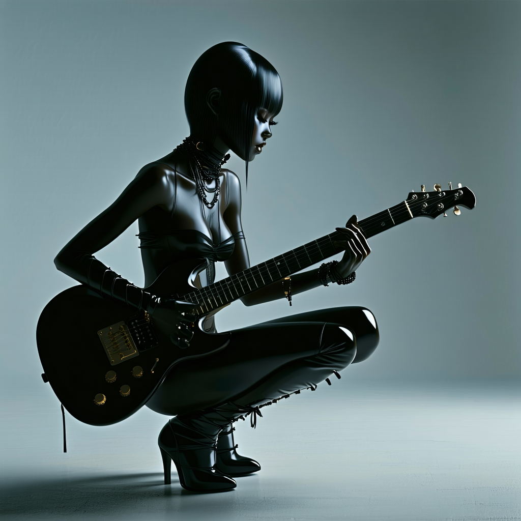 Woman (ethnicity:1.2, age:1.1), (detailed clothing:1.2), (body type:1.1, pose:1.2) kneeling, playing electric guitar (detailed texture:1.2),  (expression:1.2), (facial features:1.3) in a low-lit studio, black attire (detailed clothing:1.2),  (accessories:1.1, detailed clothing:1.2) with black straps on her legs, seated pose (pose:1.2), medium shot,  (detailed skin texture:1.2)  facing the viewer, from slightly below perspective (camera angle:1.1),  studio backdrop (dark, gray-brown) (atmosphere:1.1) ,  dark and dramatic lighting (lighting:1.2),  photorealistic style, digital art,  focus on the musician,  (detailed guitar details:1.2),  high detail,  (nails:1.1),  red lipstick (detailed makeup:1.2),  low key lighting.