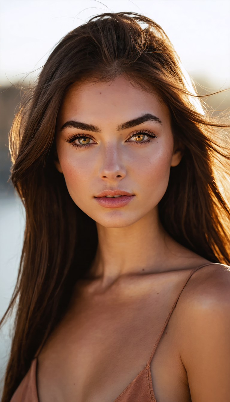 A stunning young woman with long, flowing chestnut-brown hair illuminated by warm sunlight. Her eyes are captivating, deep hazel with a golden glow, framed by thick lashes. Her lips are full and painted a bold, seductive red, complementing her flawless, smooth skin with a subtle sun-kissed glow. Her expression is confident, alluring, and slightly mysterious.