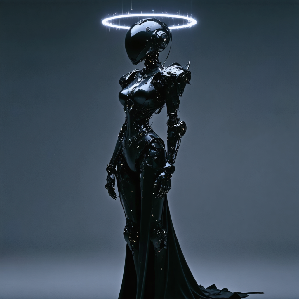 Gothic style Gothic style 1woman, (full body image with nothing cropped out:1.2), mechanical battle harden warrior with a heads up display. dark digital fantasy high tech world. sinister vibes, intimidating presence . Dark, mysterious, haunting, dramatic, ornate, detailed, 
 mechanical glowing halo around head . Dark, mysterious, haunting, dramatic, ornate, detailed